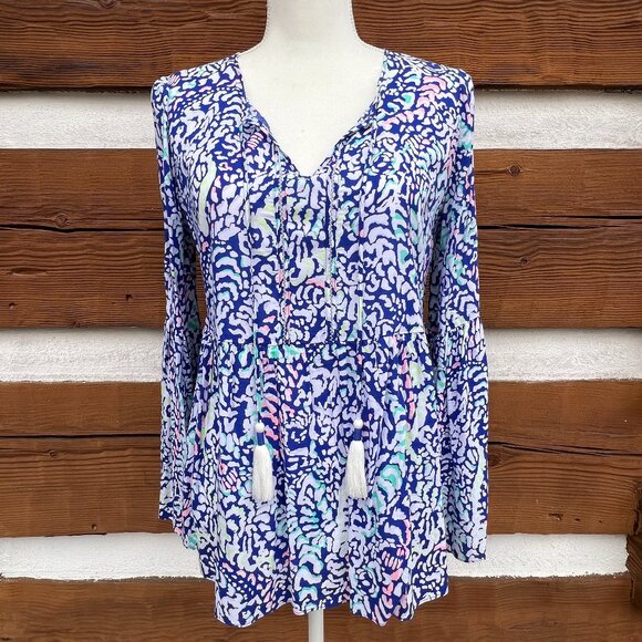LILY PULITZER Kahli Top, Shirt. Blue Coral Grotto Move It or Lose it. Tassels XS - Picture 2 of 12